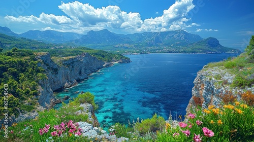 Coastal view, vivid blue water, lush greenery