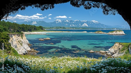 Coastal view framed by foliage