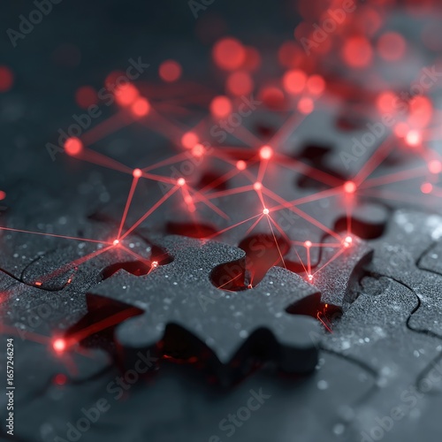 Dark jigsaw pieces connected by glowing red lines