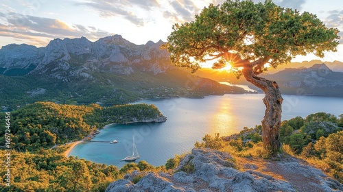 Coastal Vista Tree overlooks bay at sunset