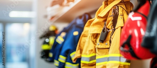 Firefighter gear on hangers in a fire station