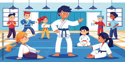 The Judo Training Session. This colorful illustration shows a diverse group of children and a male instructor in a dojo, practicing and learning judo techniques in a relaxed, friendly setting.