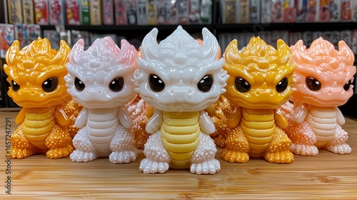 Colorful dragon figurines arranged