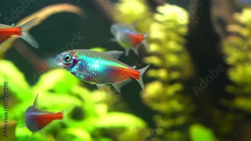 Vibrant, colorful fish swim in a lush, green aquatic environment