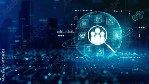 Human resources analytics and recruitment concept with global network, digital icons, and data interface for modern workforce solutions.