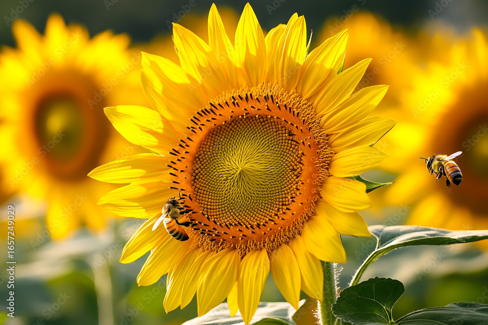 Fototapeta premium Sunflower Field Macro Shot with Bees Collecting Nectar