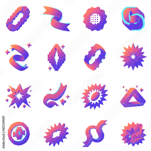 A collection of vibrant, abstract geometric shapes and ribbon elements with a purple-to-orange gradient and textured design.