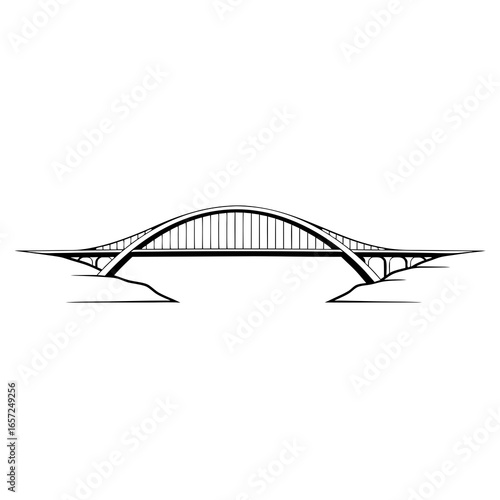 Elegant black and white line art illustration of a modern tiedarch bridge spanning a gap.