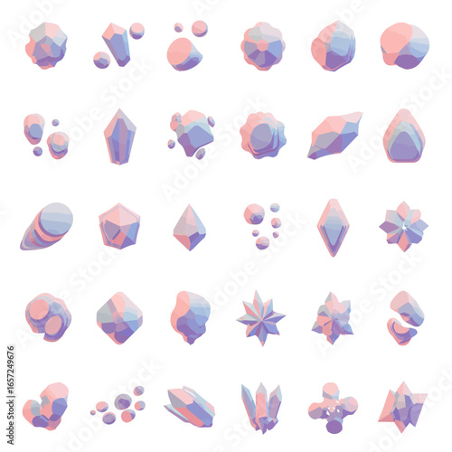 A diverse collection of 3D low-poly crystals, gems, and minerals rendered in soft pastel pink and blue gradients.