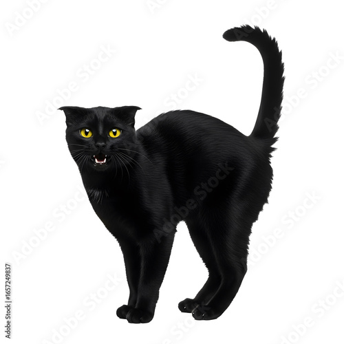 A black cat with yellow eyes hissing and arching its back on transparent background