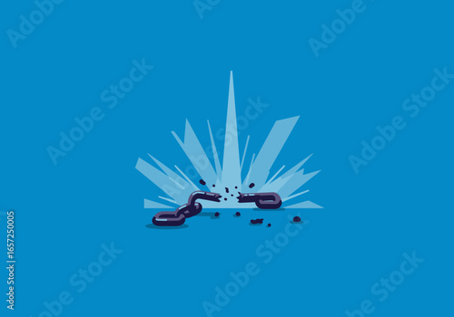 Concept of freedom and breaking barriers represented by a broken chain and shattering ice. Symbolizing liberation, overcoming obstacles, and the end of constraint.