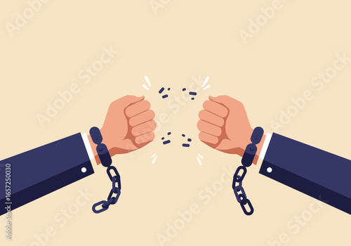 A powerful vector illustration of a businessman's hands breaking chains. Concept of liberation, achieving financial freedom and success.