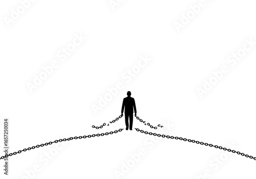 A solitary figure walks forward as chains break from their sides, symbolizing freedom from constraints and the pursuit of personal liberation.