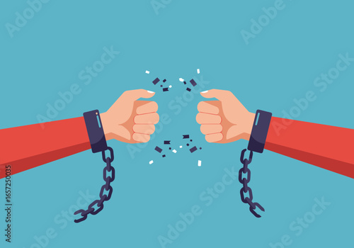 Hands breaking chains vector illustration symbolizing freedom, liberation, and escaping from slavery or oppression. A powerful metaphor for emancipation and change.