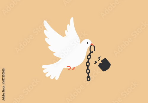 A white dove symbolizing peace soaring through the air, carrying a broken chain, representing freedom and the end of oppression.