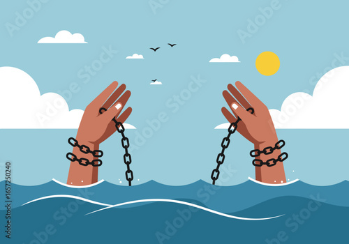 Illustration depicting liberation and freedom, with hands breaking free from chains emerging from the ocean, symbolising escape and overcoming adversity.