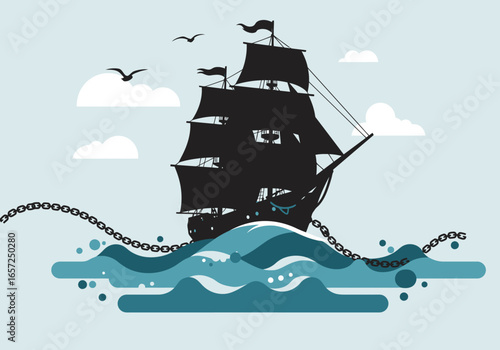 Majestic silhouette of an ancient sailing ship navigating a stylized ocean with rolling waves and flying seagulls, symbolizing journey and freedom.