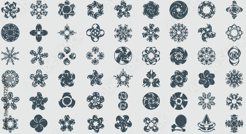 A diverse collection of 55 abstract, geometric, and circular symbols resembling flowers and stars.