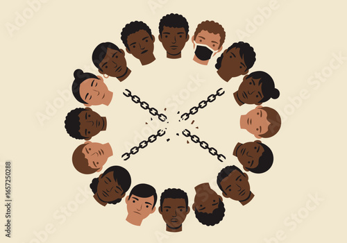 Diverse community of Black faces in a circle with a shattered chain, representing liberation, equality, and the fight for freedom.