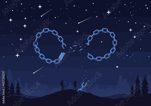 Breaking the cycle of forever, a couple witnesses a shattered infinity chain under a starry night sky, symbolizing freedom and liberation.