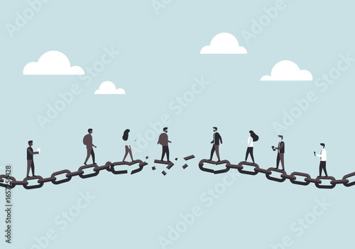 Illustration of diverse individuals walking on a chain bridge with a gap, symbolizing overcoming challenges, teamwork, and connection amidst obstacles