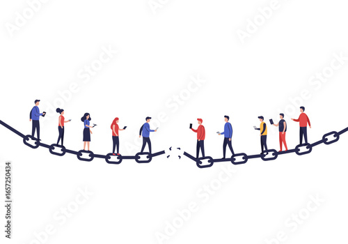 People on a broken chain link bridge using smartphones, symbolizing digital addiction, social disconnection, and communication breakdown.