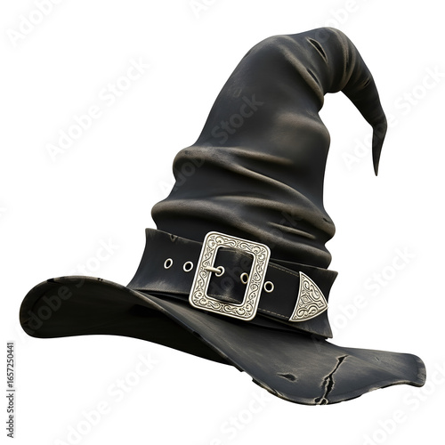 Black witch hat with a silver buckle for halloween costume accessories and decorations on transparent background