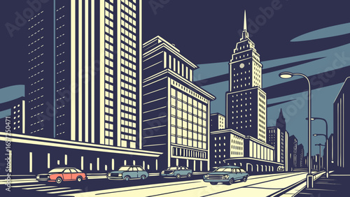 Cityscape illustration of urban street with cars and tall buildings in downtown at night time scene view