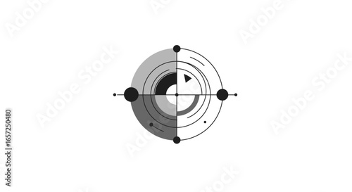 A minimalist black and white geometric illustration of a futuristic circular symbol, resembling a target or radar interface.