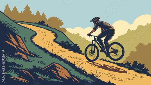 Mountain biking adventure illustration of cyclist riding bike on dirt trail through scenic landscape art vector