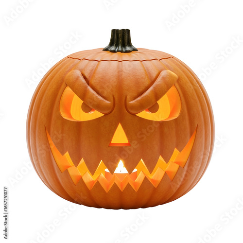 Ominous halloween pumpkin with glowing eyes and jagged teeth, jack-o'-lantern on transparent background