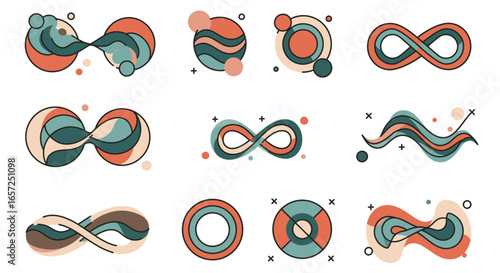 Collection of abstract infinity symbols, circles, and wavy shapes in a modern retro color palette.