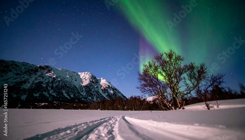 A breathtaking winter scene showcases the aurora borealis dancing above snow-capped mountains.