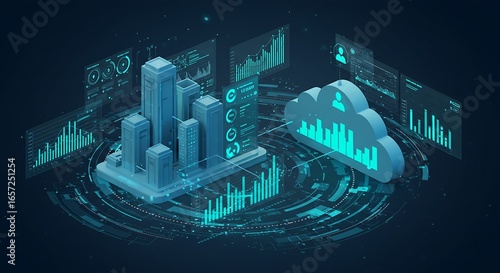 Digital city skyline and cloud data analytics with charts and graphs representing smart city growth