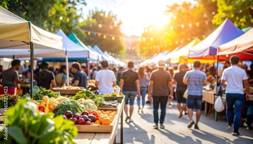 Sunny Outdoor Farmers Market Crowd.