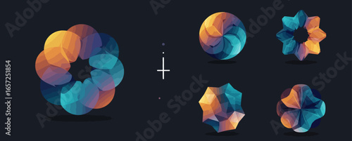 A collection of modern abstract geometric shapes and logo icons with a vibrant orange and blue color gradient.