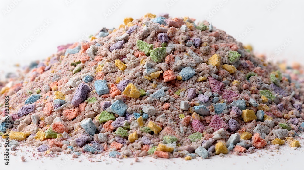 Obraz premium Pile of Colorful Cereal Dust and Pieces on a White Background CloseUp