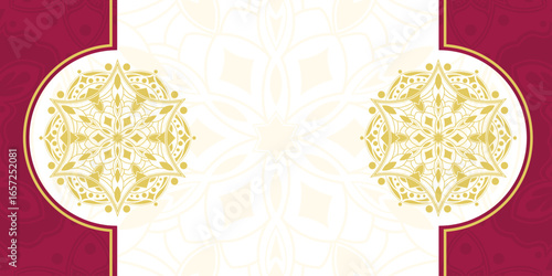 Elegant Islamic background featuring golden mandala ornaments, geometric patterns, and red decorative sides. Perfect for Ramadan, Eid, Islamic invitations, and religious events.