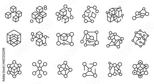 A collection of black line art icons depicting abstract networks, data structures, and blockchain technology using interconnected cubes and nodes.