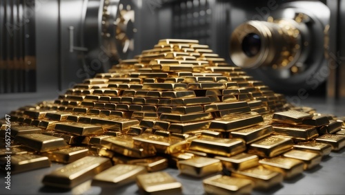 Gold bars piled high in a vault