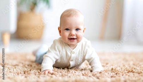 A cheerful infant, lying on a light beige carpet, smiles directly at the camera.