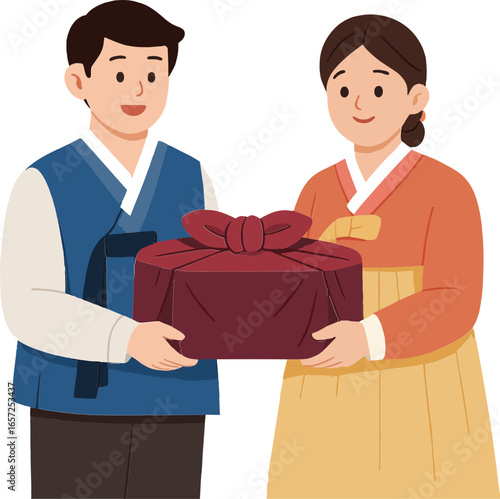 한복 입은 남녀가 선물 주는 장면 일러스트