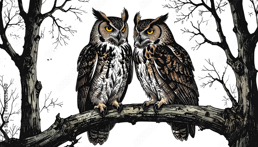 Obraz premium Two great horned owls perched on a branch.