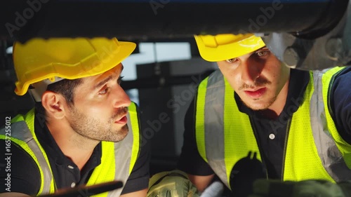 Industrial engineer teamwork maintenance pipeline valves air HVAC cooling systems at construction site. Male technician in safety uniform inspect building exterior pipeline valves or plumbing systems.