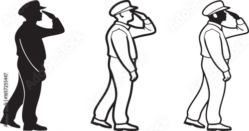 Black and white line art of a soldier saluting in profile military salute