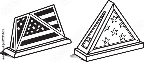Black and white line art of folded American flags in triangular cases folded flag triangle case