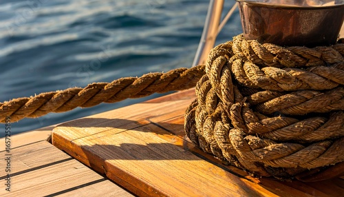 A close-up view of weathered mooring rope coiled around a metal bollard on a wooden deck, bathed in sunlight, with a blurred background of water.