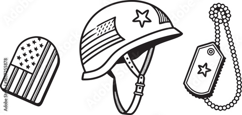 Black and white outline icons of military helmet dog tags and U S flag US flag