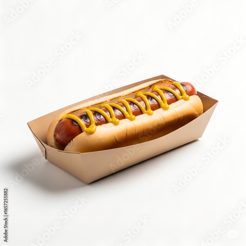 Wallpaper Mural Grilled Hot Dog Topped with Mustard in Paper Tray on White Background Torontodigital.ca