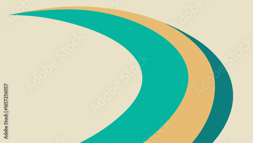 Abstract Curved Bands of Teal Orange and Dark Teal on Beige Background lines shapes